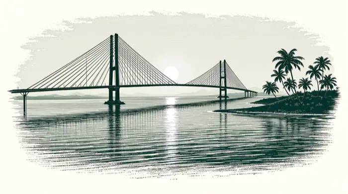 Engraved illustration of a cable-stayed bridge over Tampa Bay at sunrise