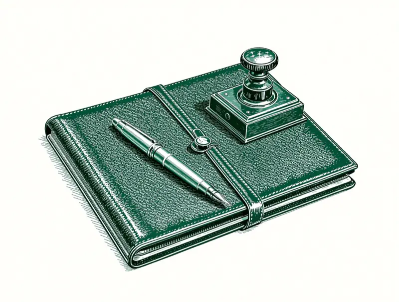 Engraved illustration of a fountain pen and an embossing seal on a leather portfolio