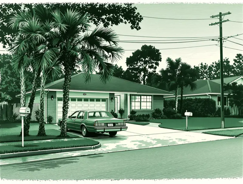 Engraved illustration of a Florida house with a palm tree and a car in the driveway